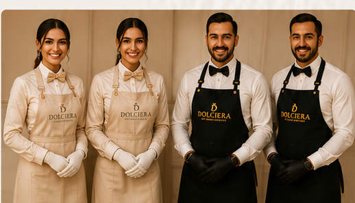 İki kadın Champagne Gold ve iki erkek siyah önlüklü Dolciera servis şefi